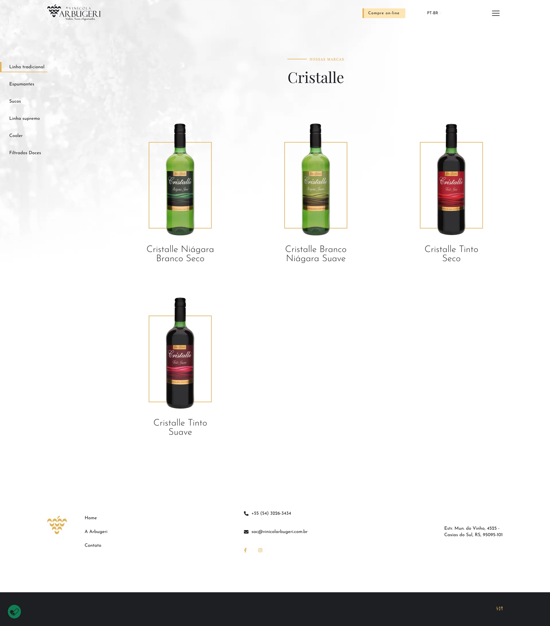 Página de listagem da linha Cristalle: menu lateral de categorias ao lado de uma grade com quatro garrafas, cada uma tratada como um objeto próprio