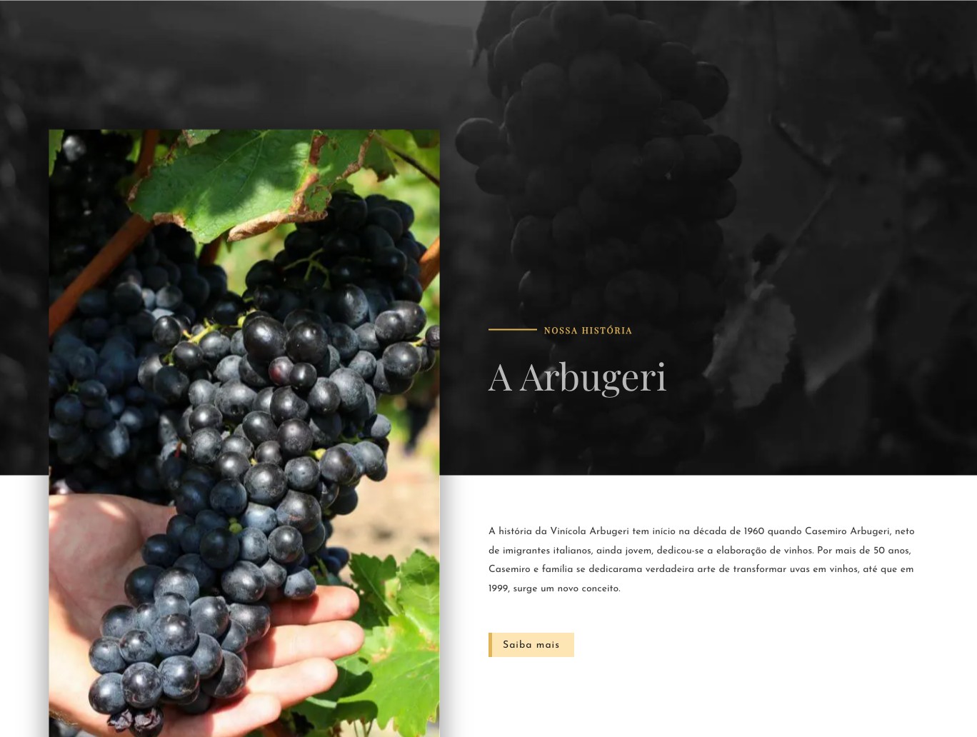 Our history section: a hand-picked grape cluster alongside the story of Casemiro Arbugeri and the winery's 1960s origins