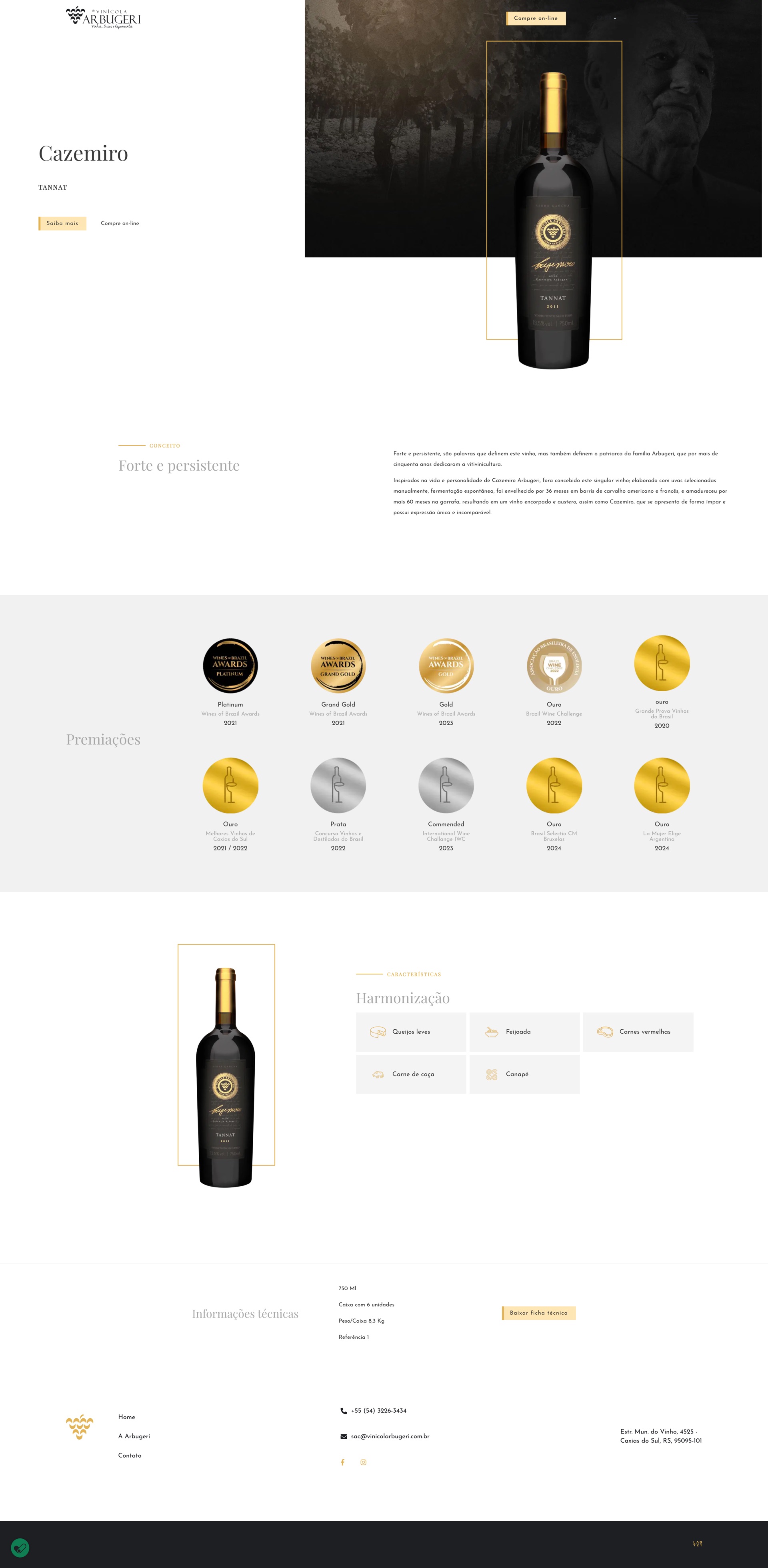 Página do produto Cazemiro Tannat: a garrafa sobre uma imagem escura de vinhedo, a grade de Premiações com as medalhas, a harmonização e as informações técnicas