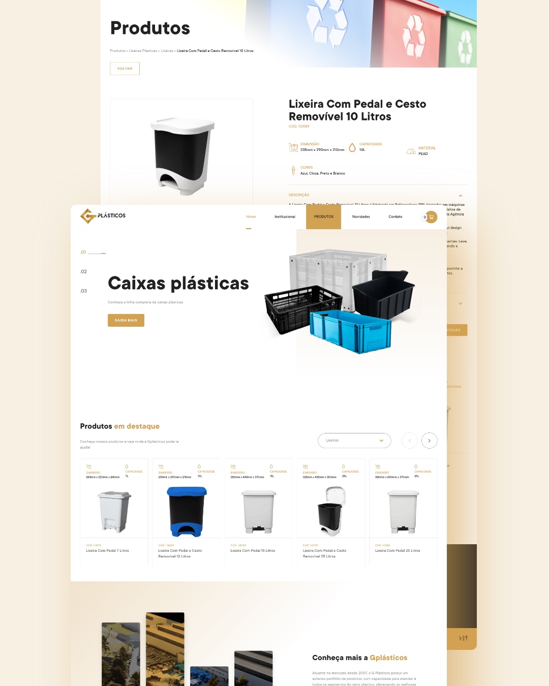 Two product screens layered together: the lixeira detail page over the Caixas plásticas listing, showing how every item carries its full detail