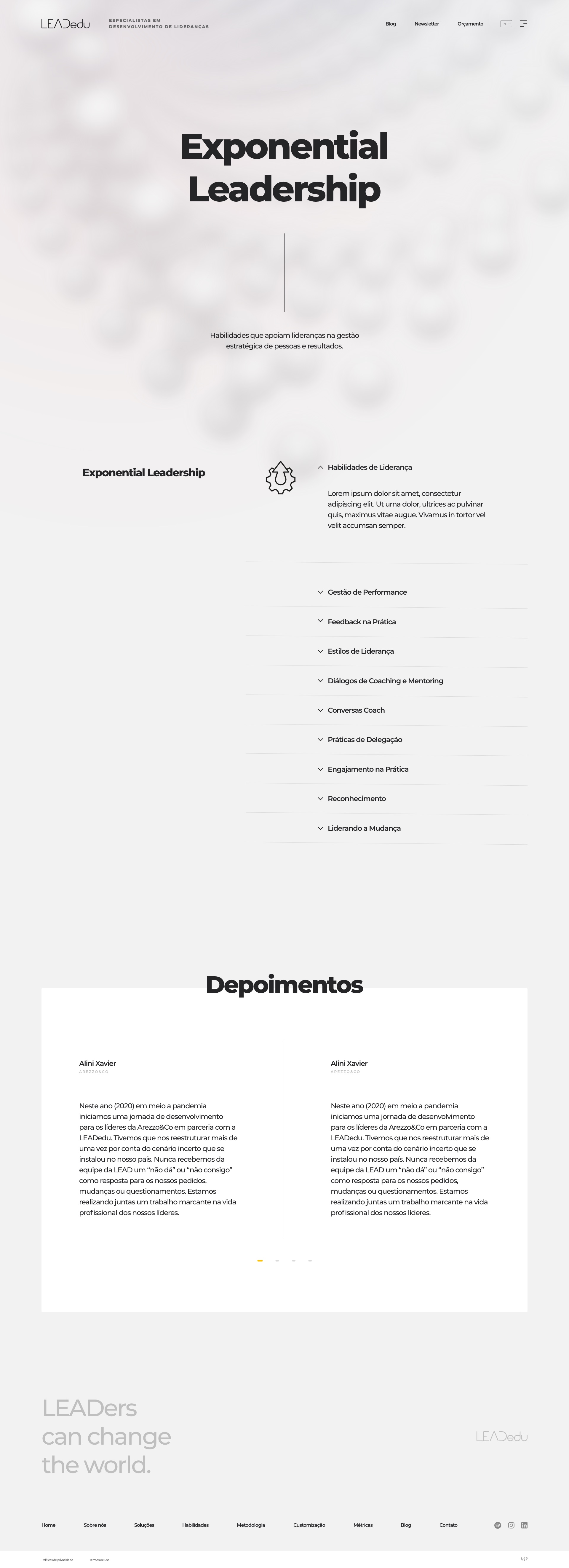 Página do programa Exponential Leadership: a lista de habilidades de liderança (gestão de performance, feedback, coaching e mentoring, delegação) e um carrossel de Depoimentos