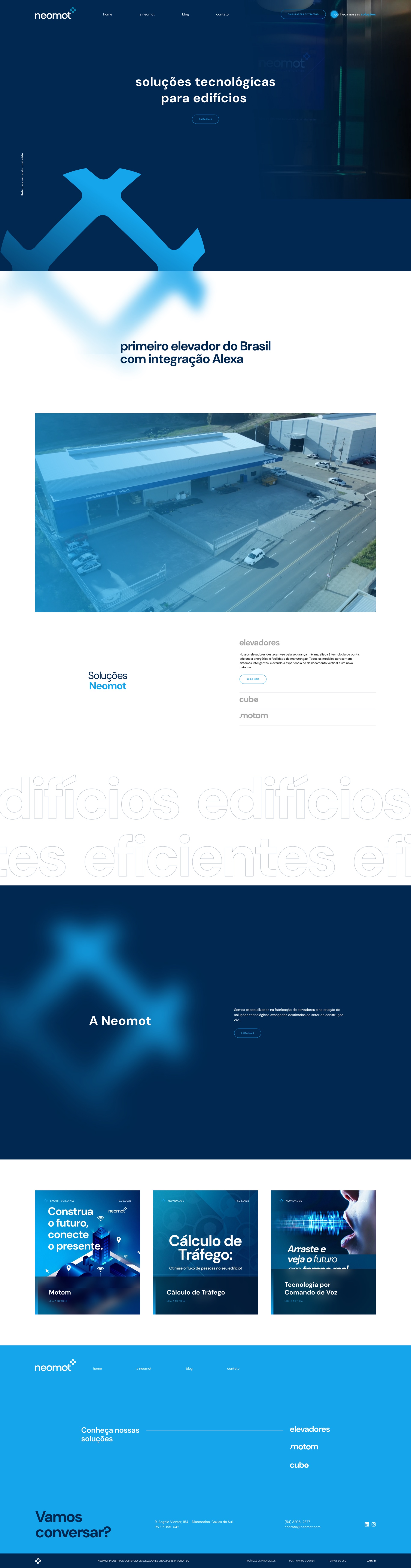 Home: hero azul profundo com soluções tecnológicas para edifícios, a frase do primeiro elevador do Brasil com Alexa, imagem aérea da fábrica, o acordeão Soluções Neomot e o rodapé azul vivo Vamos conversar?