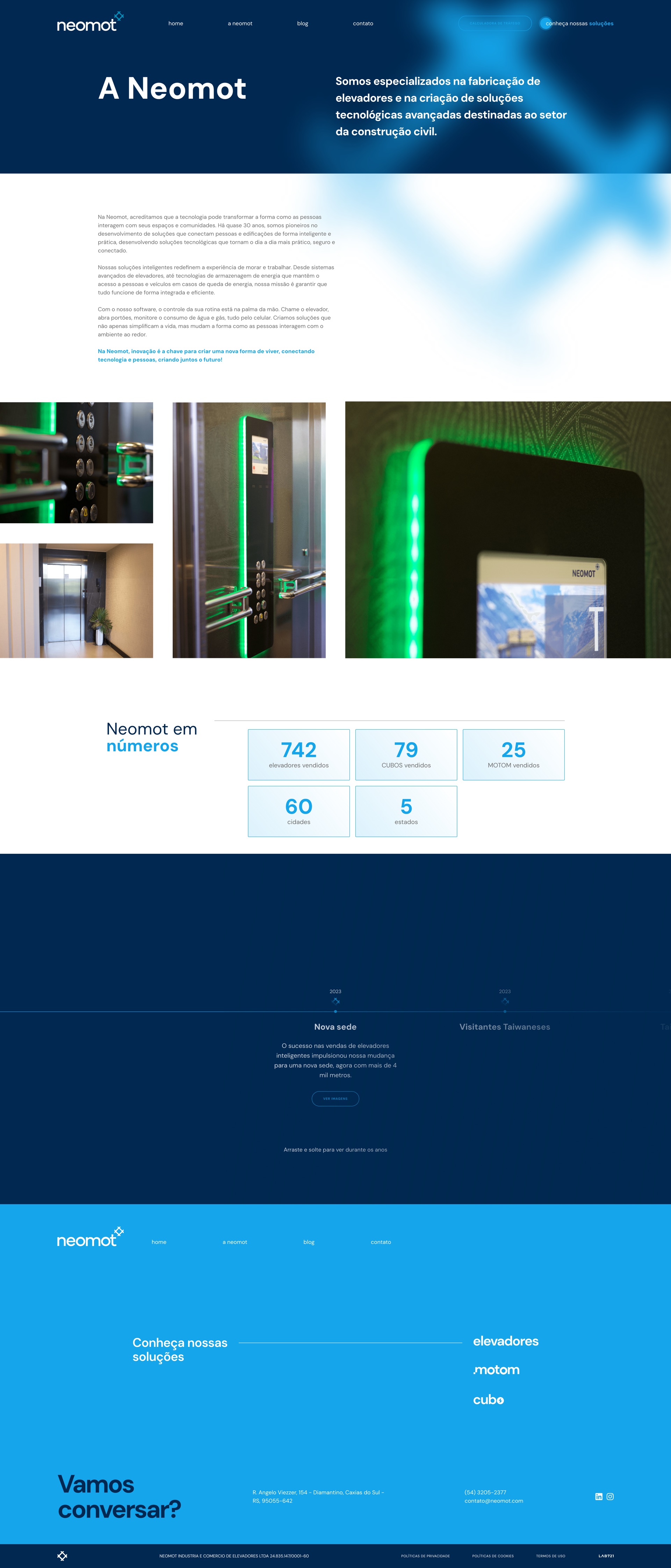 Página A Neomot: o manifesto da marca, fotos de interiores de elevador iluminados em verde, o bloco Neomot em números e a linha do tempo da empresa