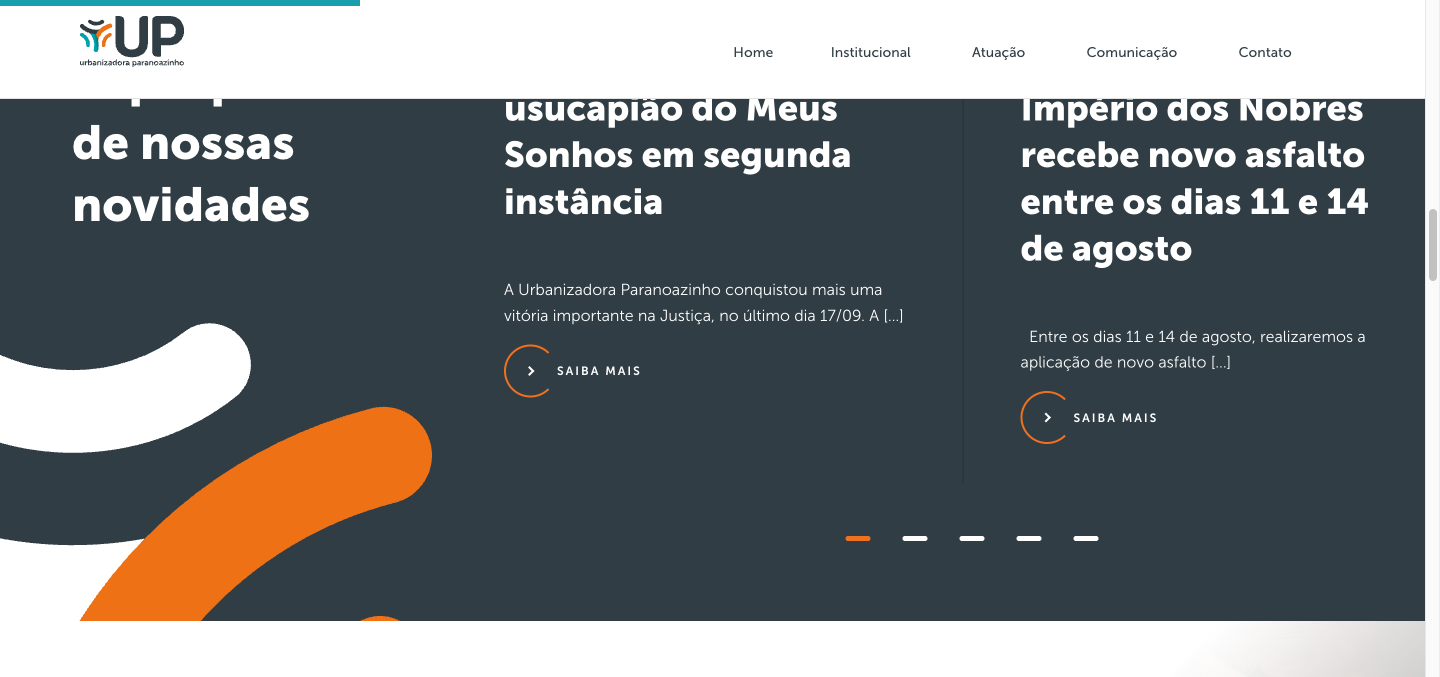 Comunicação carousel: a dark-slate news rail with the brand's orange swoosh and recent legal and infrastructure updates