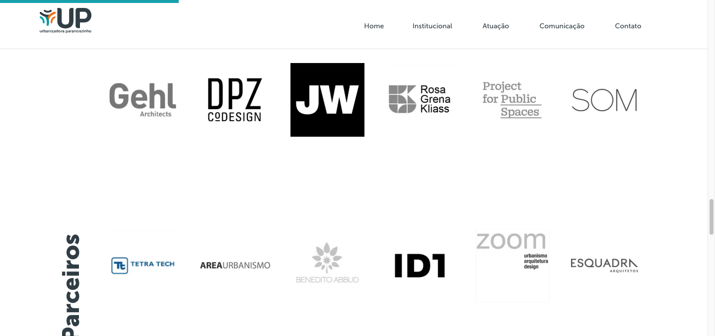 Parceiros page: the partner grid — Gehl Architects, DPZ CoDesign, JW Urbana, Rosa Grena Kliass, Project for Public Spaces, SOM, Tetra Tech, Area Urbanismo, Benedito Abbud, ID1, Zoom, Esquadra