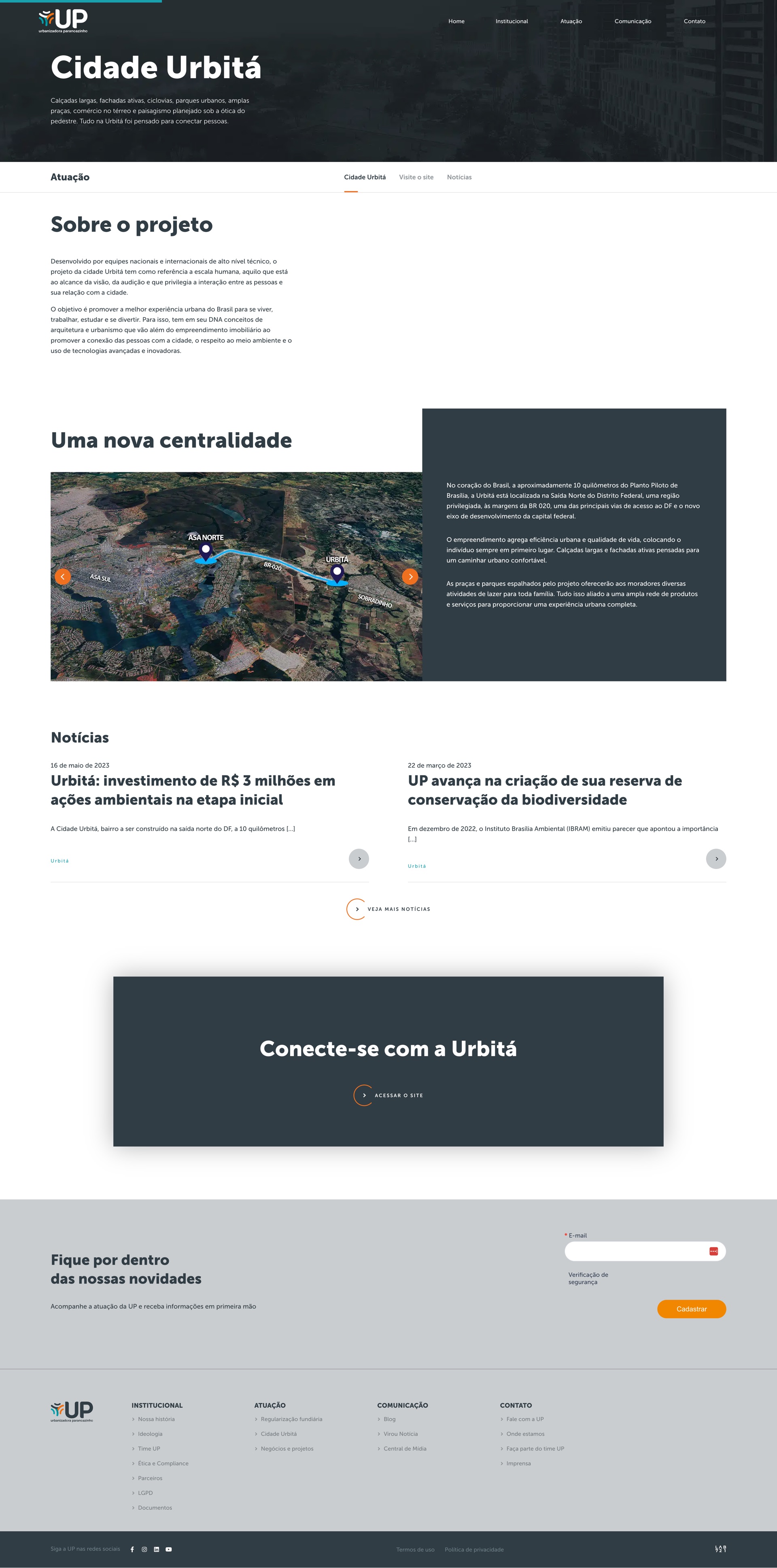 Cidade Urbitá page: a dark hero, the Sobre o projeto text, an Uma nova centralidade map locating Urbitá on Brasília's Asa Norte axis, recent news, and the Conecte-se com a Urbitá panel