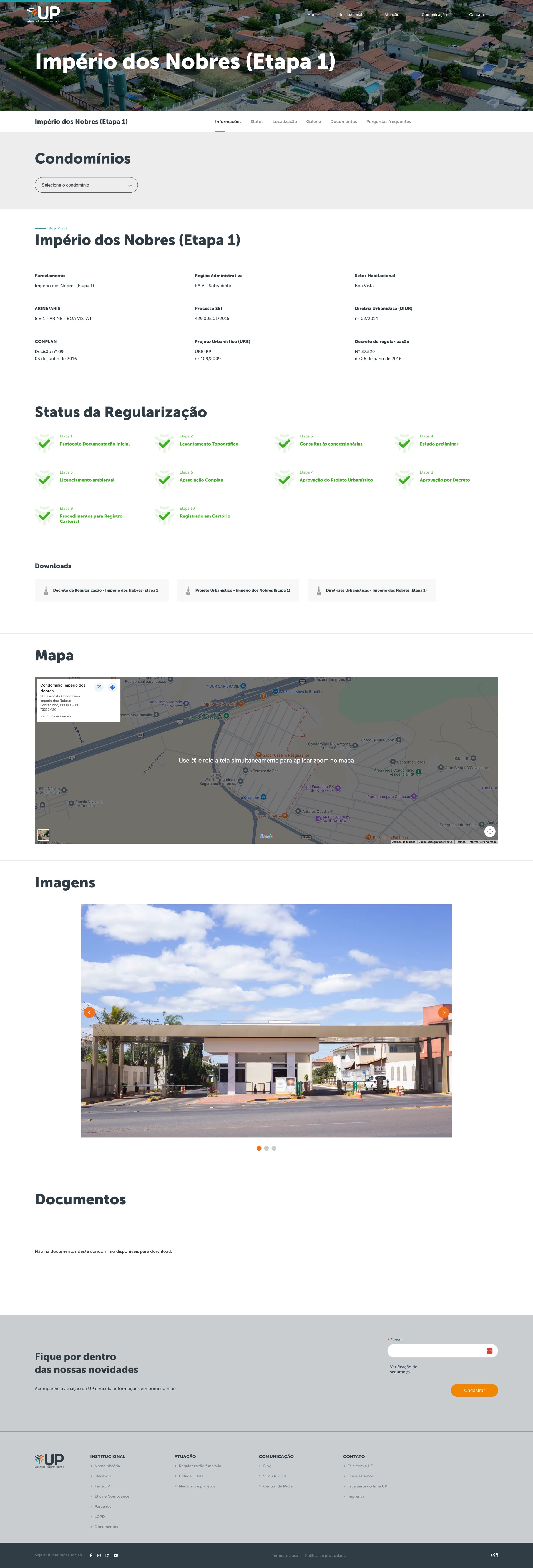 Condomínios page for Império dos Nobres (Etapa 1): an aerial hero, the regularization data sheet, a Status da Regularização checklist of stages, downloads, an embedded map, and a photo gallery