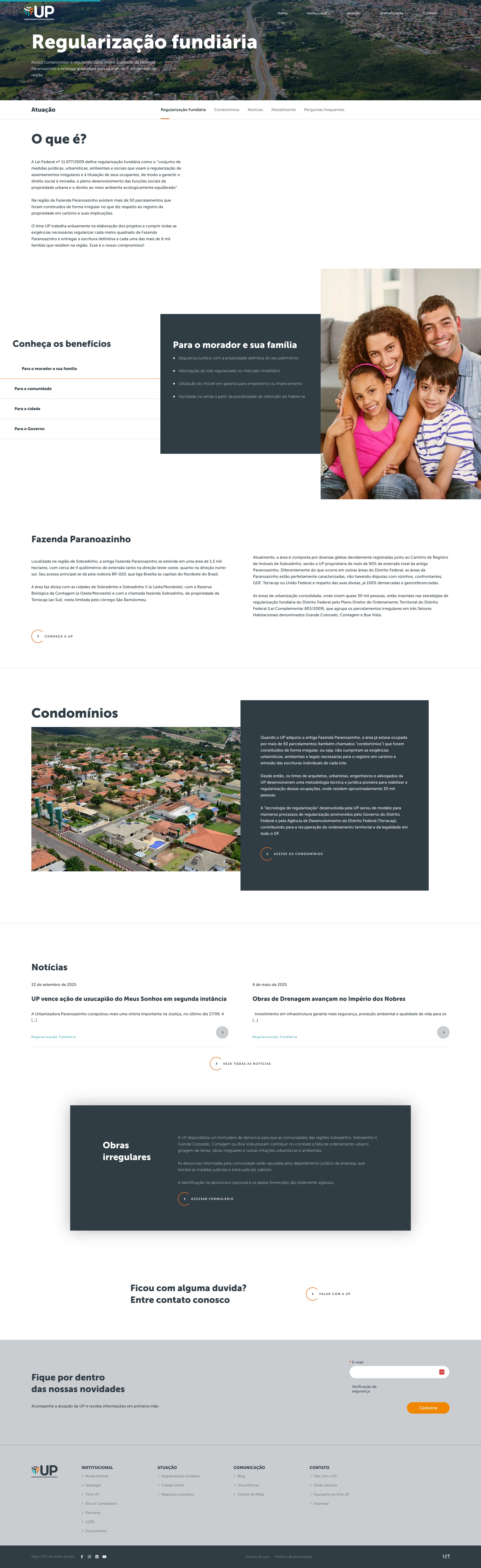 Regularização fundiária page: an aerial hero, the O que é? legal explainer, the Para o morador e sua família benefits with a family photo, the Fazenda Paranoazinho and Condomínios sections, and the Obras irregulares reporting panel